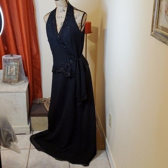 J Kara black beaded chiffon maxi gown size 6 - Picture 5 of 14